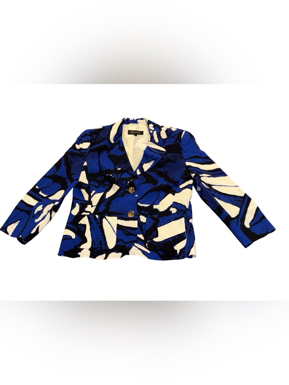 VINTAGE 90s women’s ESCADA blue & white Silk Mosaic Print 2 button Blazer Jacket